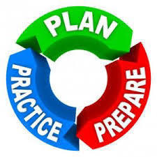 Circle with arrows that say plan prepare practice 