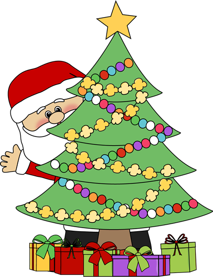 Santa behind Christmas tree 