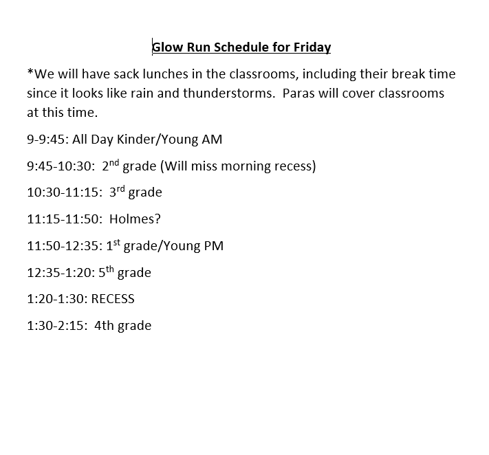 Glow Run Schedule for Friday