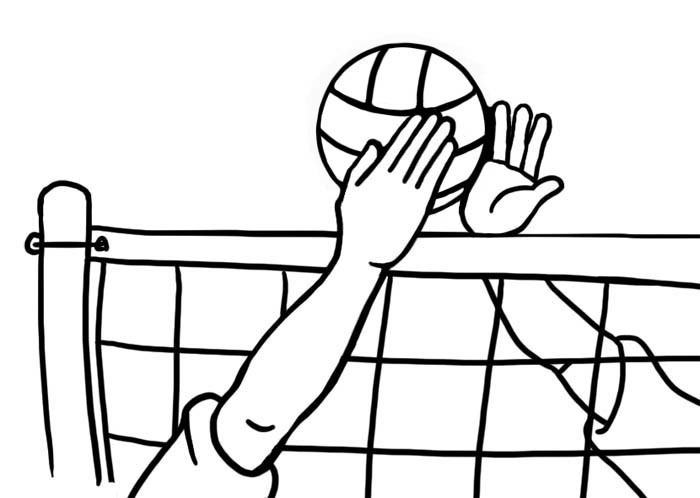 a volleyball net with two hands trying to block the ball 