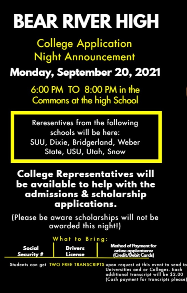 flyer with information about the college application night  