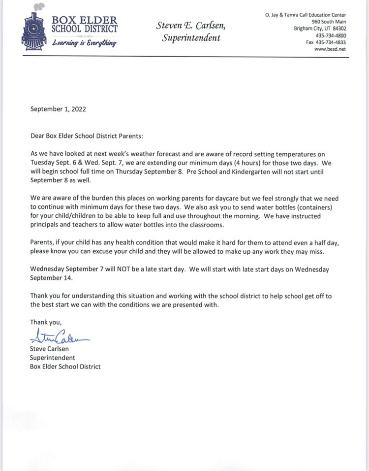 letter from superintendent Carlson