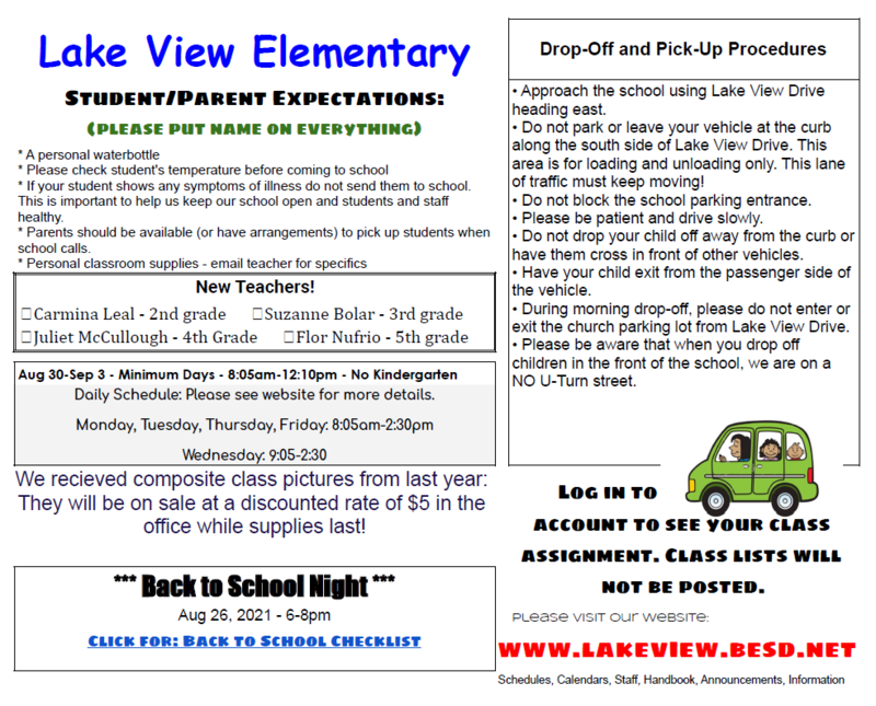 Back to School Information Lake View Elementary